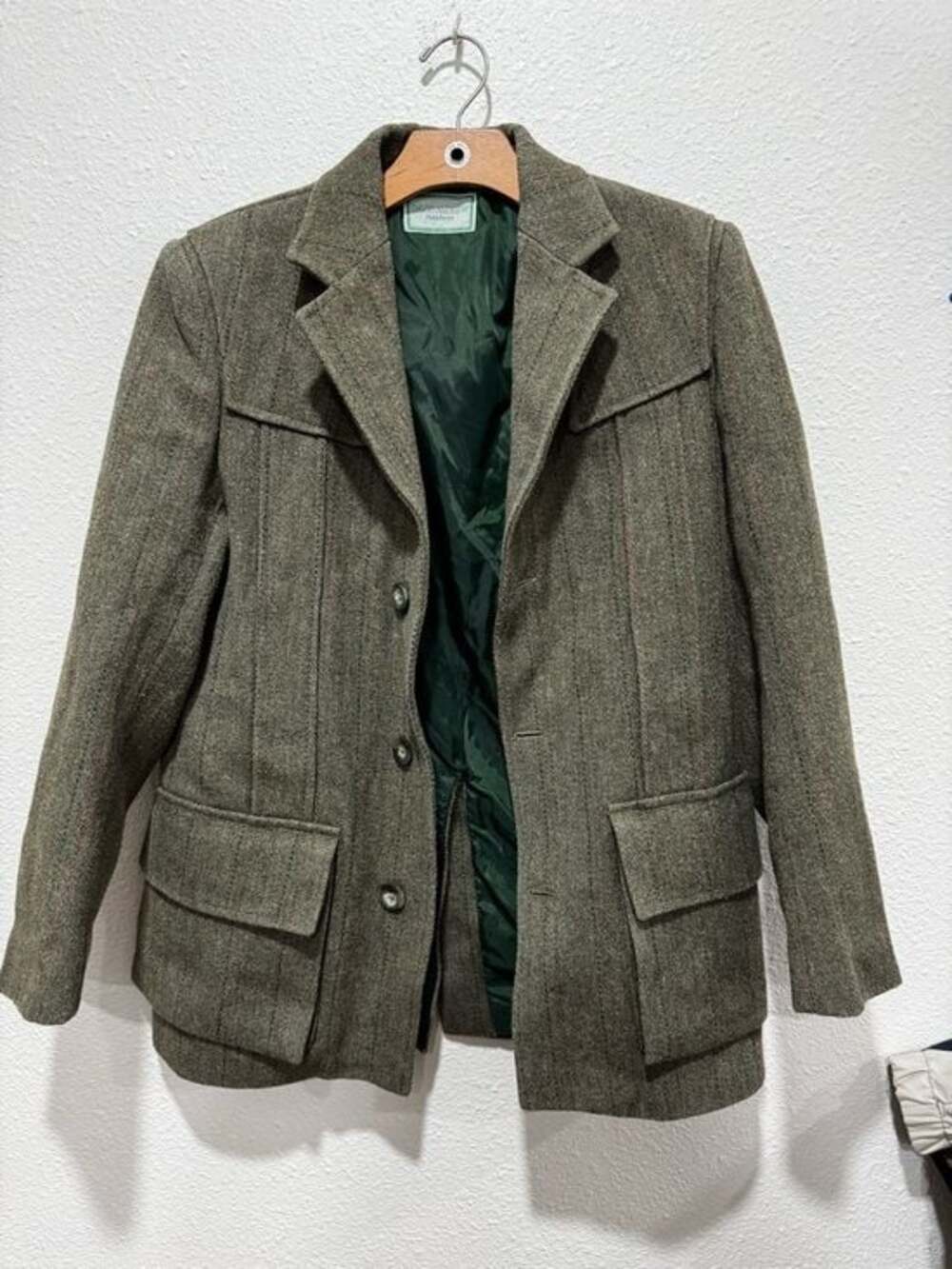 Dark Academia Wool Tweed Blazer Jacket in Olive Green